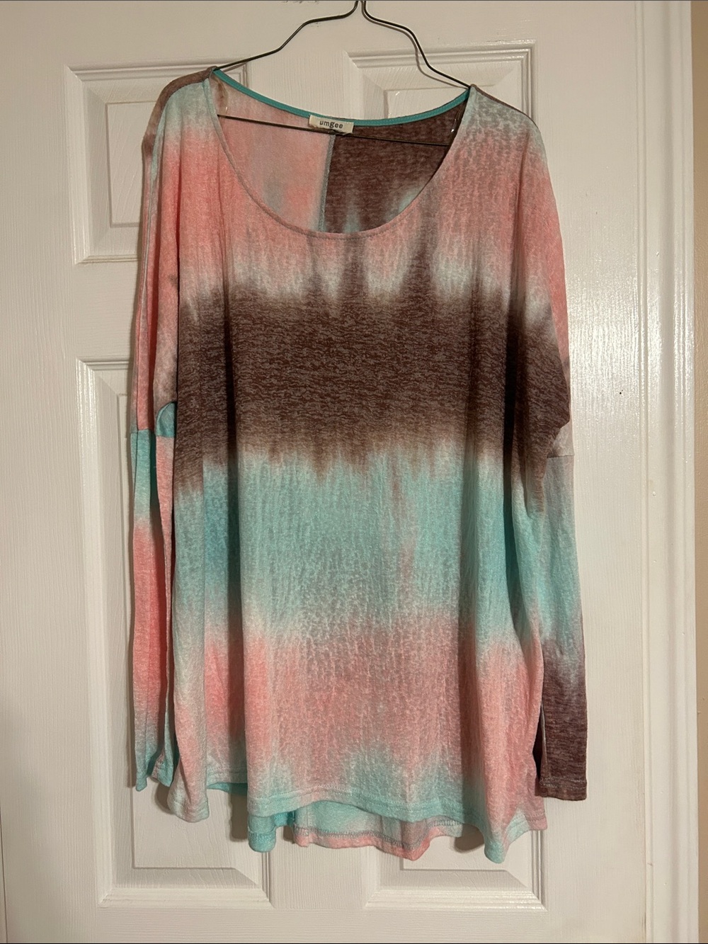 Umgee Long Sleeve Tie-Dye Tunic - Coral, Aqua & Brown